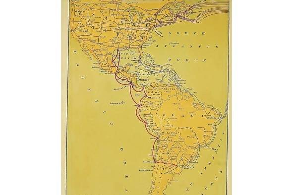 Mapa que muestra la red de cables que permitía la comunicación entre las Américas y Europa. La sección correspondiente a las conexiones entre México, Centro y Sudamérica era conocida como la 'vía Galvestone', y era administrada por la Central and South America Telegraph Company, fundada por James A. Scrymser en 1866, inicialmente para conectar la Florida con Cuba. Mapa que muestra la red de cables que permitía la comunicación entre las Américas y Europa. La sección correspondiente a las conexiones entre México, Centro y Sudamérica era conocida como la 'vía Galvestone', y era administrada por la Central and South America Telegraph Company, fundada por James A. Scrymser en 1866, inicialmente para conectar la Florida con Cuba.