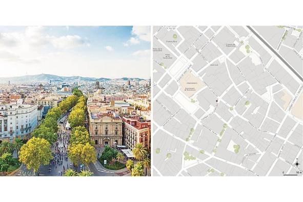 Fotografía del Barri Gotic y la Rambla, Barcelona. Derecha: Diagrama del tejido urbano de París con información geoespacial de ESRI, 2020. Fotografía del Barri Gotic y la Rambla, Barcelona. Derecha: Diagrama del tejido urbano de París con información geoespacial de ESRI, 2020.