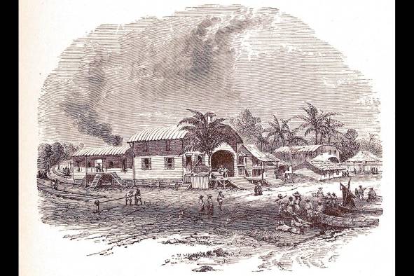 Muelles y galpones de la primera estación del ferrocarril en La Ciénaga, desde la bahía de Panamá. Muelles y galpones de la primera estación del ferrocarril en La Ciénaga, desde la bahía de Panamá.