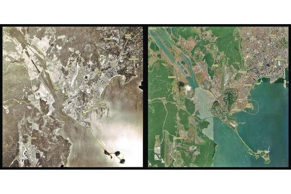 Imagen compuesta comparativa de fotografía aérea en blanco y negro de 1950, y satelital a colores de 2021, con división administrativa y nombres de corregimientos actuales. Imagen compuesta comparativa de fotografía aérea en blanco y negro de 1950, y satelital a colores de 2021, con división administrativa y nombres de corregimientos actuales.