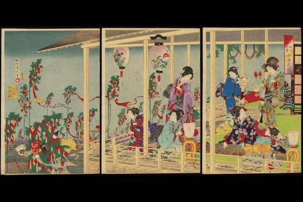 Una celebración tanabata, plasmada en un ukiyoe de Toyohara Chikanobu circa 1885 Una celebración tanabata, plasmada en un ukiyoe de Toyohara Chikanobu circa 1885