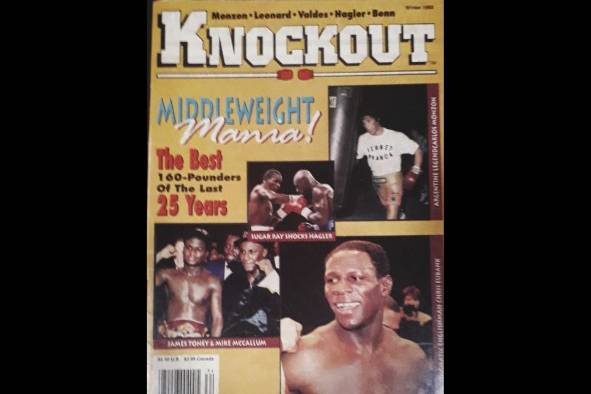 La revista Knockout hizo en 1985 una edición especial para exaltar a los mejores pesos medianos, entre ellos, James Toney (Izq.) y Chris Eubank (extremo derecho inferior). La revista Knockout hizo en 1985 una edición especial para exaltar a los mejores pesos medianos, entre ellos, James Toney (Izq.) y Chris Eubank (extremo derecho inferior).