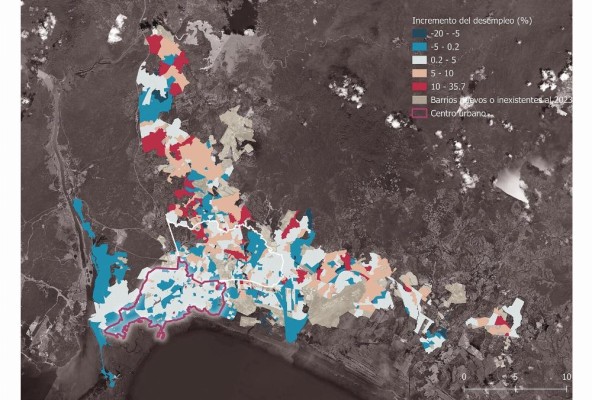 Este mapa muestra el incremento del desempleo (%) entre los censos de 2010 y 2023, según barrios. Como se puede apreciar, los barrios en rojo –que presentan los mayores incrementos– se encuentran principalmente en la periferia de la ciudad. De acuerdo con este análisis, el desempleo en ciudad de Panamá pasó de 7% al 9,3% en el período de estudio, agregando más de 20.000 nuevos desocupados, el 94% en la periferia este y norte. Este mapa muestra el incremento del desempleo (%) entre los censos de 2010 y 2023, según barrios. Como se puede apreciar, los barrios en rojo –que presentan los mayores incrementos– se encuentran principalmente en la periferia de la ciudad. De acuerdo con este análisis, el desempleo en ciudad de Panamá pasó de 7% al 9,3% en el período de estudio, agregando más de 20.000 nuevos desocupados, el 94% en la periferia este y norte.