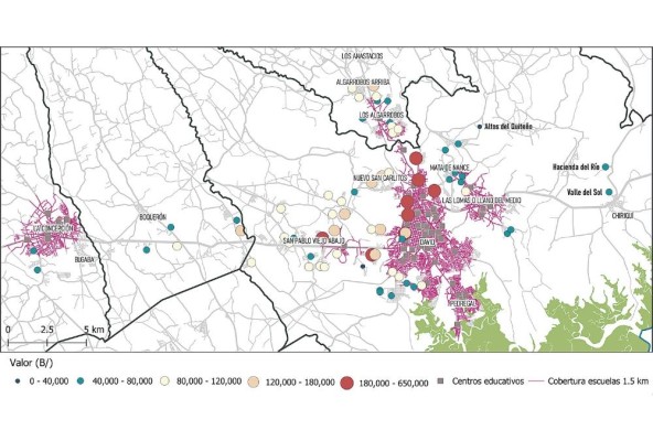 En este mapa se visualizan como círculos de tamaños incrementales los proyectos de urbanizaciones construidos entre 2012 y 2019 de acuerdo con los precios de venta. Se puede observar cómo el 80% de los proyectos se encuentra fuera del rango caminable de 15 minutos (1,5 km). En este mapa se visualizan como círculos de tamaños incrementales los proyectos de urbanizaciones construidos entre 2012 y 2019 de acuerdo con los precios de venta. Se puede observar cómo el 80% de los proyectos se encuentra fuera del rango caminable de 15 minutos (1,5 km).