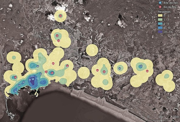 Mapa de densidad de panaderías en un radio de 1.200 metros o 15 minutos caminando. En este mapa se puede observar cómo hay una mayor densidad de panaderías en el centro urbano, especialmente en los corregimientos de Bella Vista y San Francisco. Se presentan en este mapa también la localización de las cadenas de panaderías, Río de Oro (rojo) y Arte del Pan (azul). Mapa de densidad de panaderías en un radio de 1.200 metros o 15 minutos caminando. En este mapa se puede observar cómo hay una mayor densidad de panaderías en el centro urbano, especialmente en los corregimientos de Bella Vista y San Francisco. Se presentan en este mapa también la localización de las cadenas de panaderías, Río de Oro (rojo) y Arte del Pan (azul).