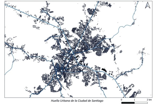 Mapa de huella urbana de la ciudad de Santiago, según los datos de OSM. Mapa de huella urbana de la ciudad de Santiago, según los datos de OSM.