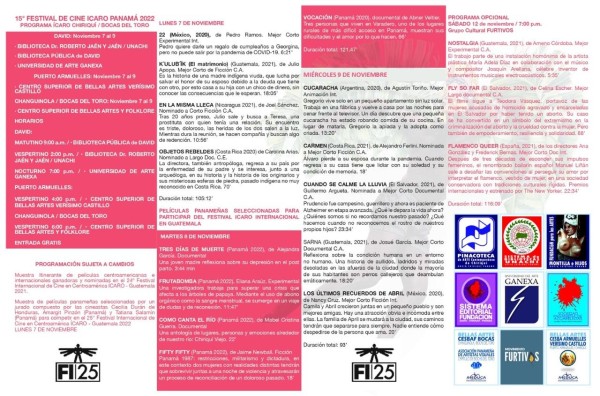 Cartelera del 15° Festival de Cine Ícaro Panamá para Chiriquí y Bocas del Toro. Cartelera del 15° Festival de Cine Ícaro Panamá para Chiriquí y Bocas del Toro.