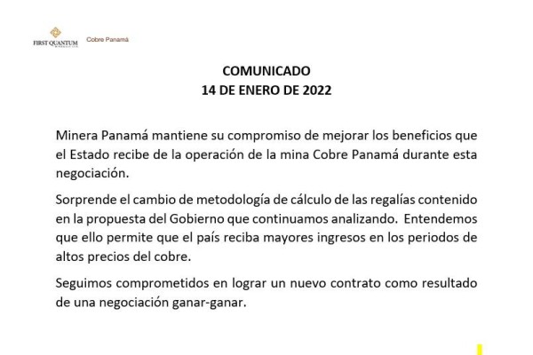 Minera Panamá analiza propuesta del Gobierno en cuanto a regalías Minera Panamá analiza propuesta del Gobierno en cuanto a regalías