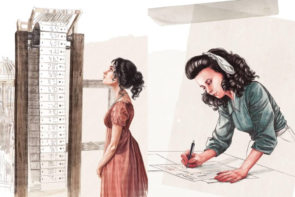 Retratos de Ada Lovelace y Hedy Lamarr en la obra 'Visionarias' de Mercedes Palacios. Retratos de Ada Lovelace y Hedy Lamarr en la obra 'Visionarias' de Mercedes Palacios.