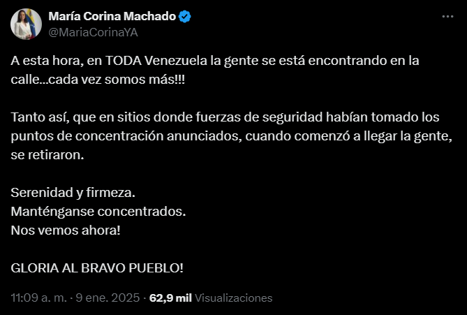 Publicación de María Corina Machado en X. Publicación de María Corina Machado en X.
