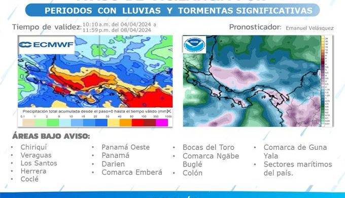 Meteorología emite aviso de prevención de lluvias hasta el 8 de abril