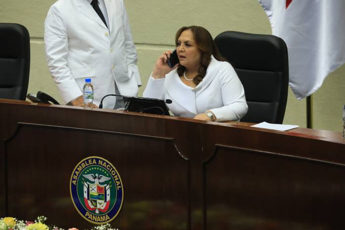 Dana Castañeda conversa por teléfono en medio de una Asamblea retrasada en su inicio de sesión. Dana Castañeda conversa por teléfono en medio de una Asamblea retrasada en su inicio de sesión. 