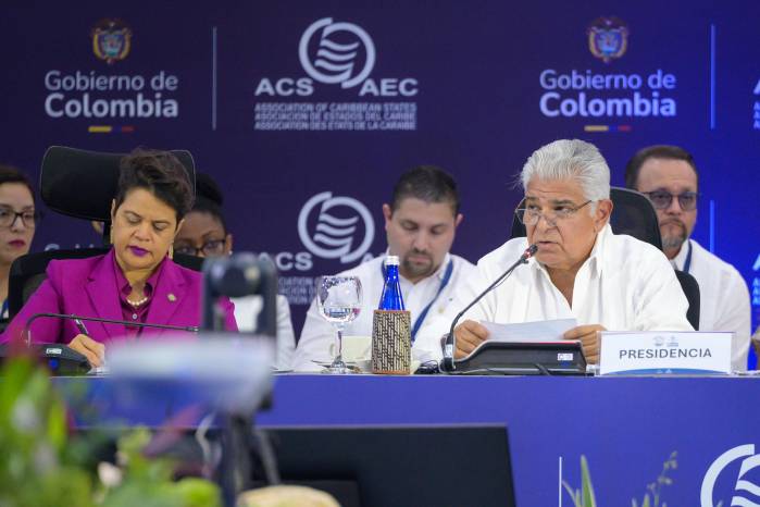 El presidente de Panamá, José Raúl Mulino, durante la instalación de la cumbre de jefes de Estado de la Asociación de Estados del Caribe en Montería, Colombia. El presidente de Panamá, José Raúl Mulino, durante la instalación de la cumbre de jefes de Estado de la Asociación de Estados del Caribe en Montería, Colombia.