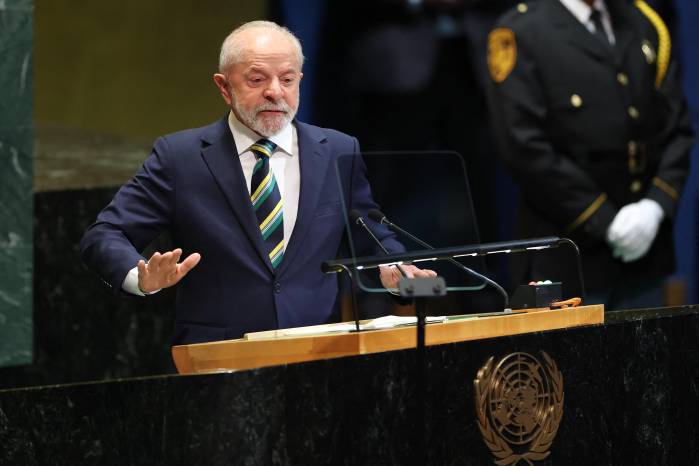 El presidente de Brasil, Luiz Inácio Lula da Silva, habla durante el debate general de la Asamblea General de las Naciones Unidas. El presidente de Brasil, Luiz Inácio Lula da Silva, habla durante el debate general de la Asamblea General de las Naciones Unidas.