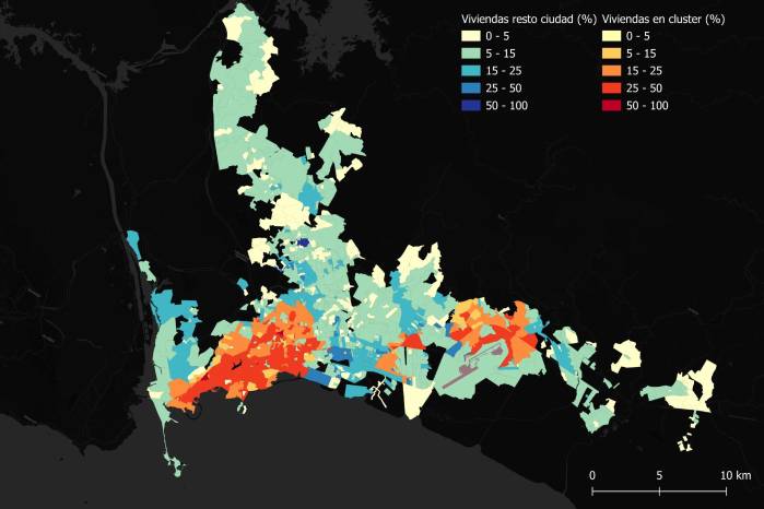 Mapa que muestra el porcentaje de vivienda en alquiler según barrios. En tonos de rojo se muestran los clústeres de barrios de viviendas con altos porcentajes de viviendas de alquiler, y en tonos de verde y amarillo, el mismo indicador, pero para el resto de la ciudad. Mapa que muestra el porcentaje de vivienda en alquiler según barrios. En tonos de rojo se muestran los clústeres de barrios de viviendas con altos porcentajes de viviendas de alquiler, y en tonos de verde y amarillo, el mismo indicador, pero para el resto de la ciudad.