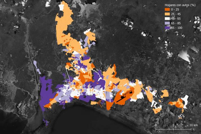 Mapa del porcentaje de hogares con auto según barrio en ciudad de Panamá, de acuerdo al censo de población y vivienda 2023. Este es uno de los pocos indicadores que se logra obtener a un nivel lo suficientemente detallado para entender las dinámicas de la movilidad a nivel comunitario. Mapa del porcentaje de hogares con auto según barrio en ciudad de Panamá, de acuerdo al censo de población y vivienda 2023. Este es uno de los pocos indicadores que se logra obtener a un nivel lo suficientemente detallado para entender las dinámicas de la movilidad a nivel comunitario.