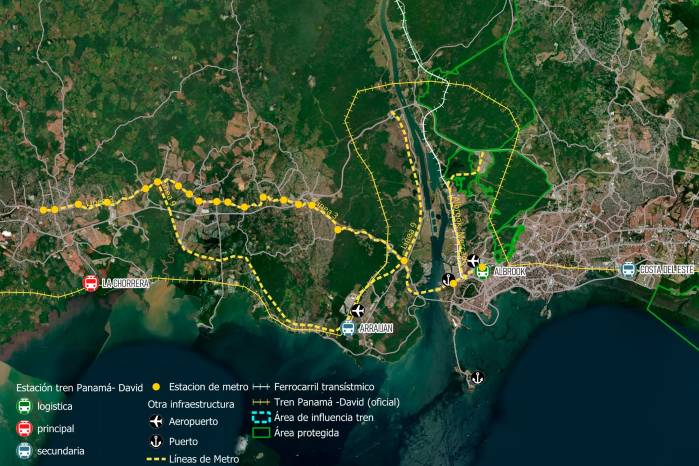 La construcción de infraestructura ha impactado notablemente la franja de bosques que bordea el Canal de Panamá. La ruta para la construcción del tren Panamá -David, tal como se muestra en este mapa impactaría las áreas protegidas existentes en el lado este y los bosques protectores del lado oeste del Canal. La construcción de infraestructura ha impactado notablemente la franja de bosques que bordea el Canal de Panamá. La ruta para la construcción del tren Panamá -David, tal como se muestra en este mapa impactaría las áreas protegidas existentes en el lado este y los bosques protectores del lado oeste del Canal.