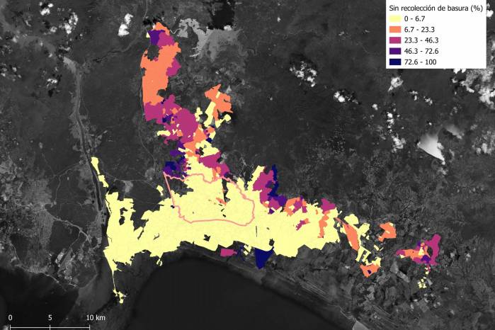 Este mapa muestra el porcentaje de viviendas sin recolección de basura ni pública ni privada según datos del censo de 2023. De acuerdo a estos datos la mayor parte del centro urbano y los barrios del distrito de San Miguelito tienen un nivel de servicio de recolección de basura del 93%. Este mapa muestra el porcentaje de viviendas sin recolección de basura ni pública ni privada según datos del censo de 2023. De acuerdo a estos datos la mayor parte del centro urbano y los barrios del distrito de San Miguelito tienen un nivel de servicio de recolección de basura del 93%.