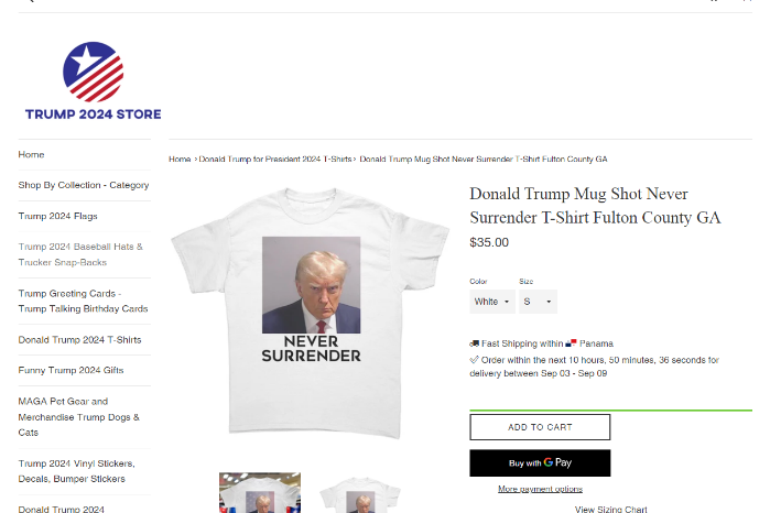 Uno de los diseños de las camisetas de Trump en las tiendas no oficiales. Uno de los diseños de las camisetas de Trump en las tiendas no oficiales.