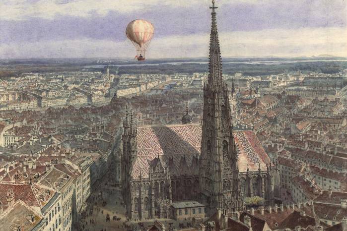 En la imagen, la obra 'Paseo en globo aerostático sobre Viena (Vista de Viena desde el Sudeste con un globo aerostático sobre la ciudad), 1847. En la imagen, la obra 'Paseo en globo aerostático sobre Viena (Vista de Viena desde el Sudeste con un globo aerostático sobre la ciudad), 1847.