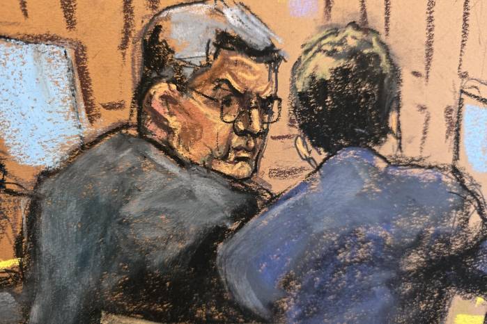 Reproducción fotográfica de un dibujo realizado por la artista Jane Rosenberg donde aparece el expresidente de Honduras Juan Orlando Hernández (i) mientras habla con su abogado Renato stabile (d) durante el juicio. Reproducción fotográfica de un dibujo realizado por la artista Jane Rosenberg donde aparece el expresidente de Honduras Juan Orlando Hernández (i) mientras habla con su abogado Renato stabile (d) durante el juicio.