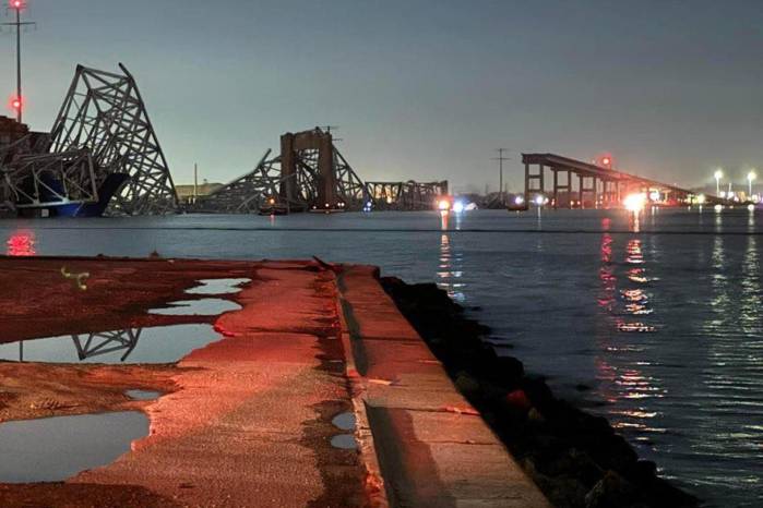 Imagen del derrumbe de un puente de Baltimore (norte de EE.UU) sobre el río Patapsco a causa del choque de un carguero contra uno de sus pilares, el 26 de marzo de 2024. Imagen del derrumbe de un puente de Baltimore (norte de EE.UU) sobre el río Patapsco a causa del choque de un carguero contra uno de sus pilares, el 26 de marzo de 2024.