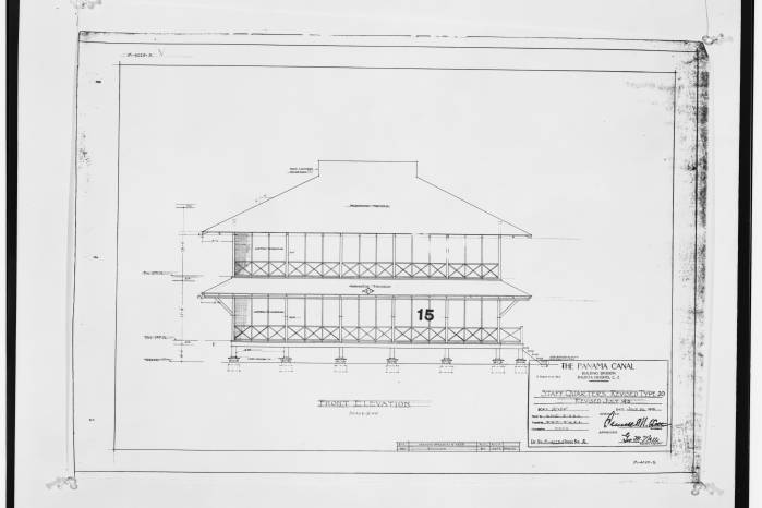 Plano arquitectónico de la fachada frontal de la vivienda prototipo en madera de Quarry Heights. Cualquier intervención debería respetar, mantener y exaltar las condiciones originales. Plano arquitectónico de la fachada frontal de la vivienda prototipo en madera de Quarry Heights. Cualquier intervención debería respetar, mantener y exaltar las condiciones originales.