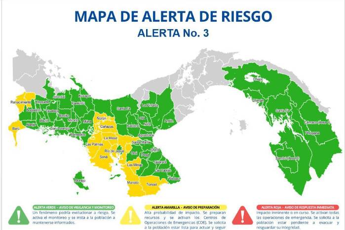 Mal tiempo: Sinaproc activa Alerta Amarilla para cuatro provincias y la comarca Ngäbe Buglé Mal tiempo: Sinaproc activa Alerta Amarilla para cuatro provincias y la comarca Ngäbe Buglé