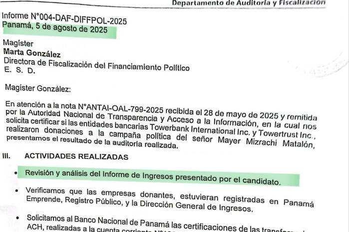 Parte del informe de auditoría realizado por el Tribunal Electoral, como parte del proceso de certificación de un posible conflicto de interés entre Towerbank International Inc. y Mayer Mizrachi. Parte del informe de auditoría realizado por el Tribunal Electoral, como parte del proceso de certificación de un posible conflicto de interés entre Towerbank International Inc. y Mayer Mizrachi.