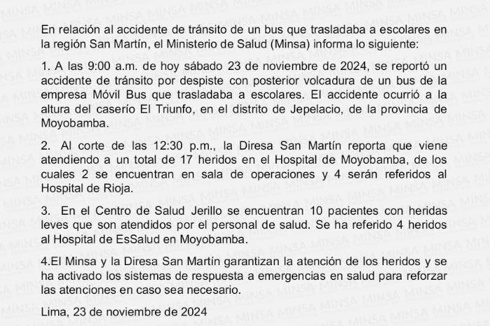 Comunicado de Ministerio de Salud sobre el accidente. Comunicado de Ministerio de Salud sobre el accidente.