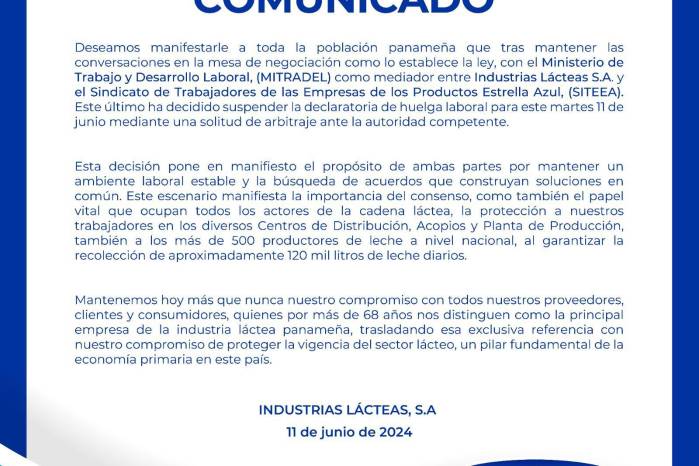 Comunicado de la empresa de La Estrella de Panamá. Comunicado de la empresa de La Estrella de Panamá.