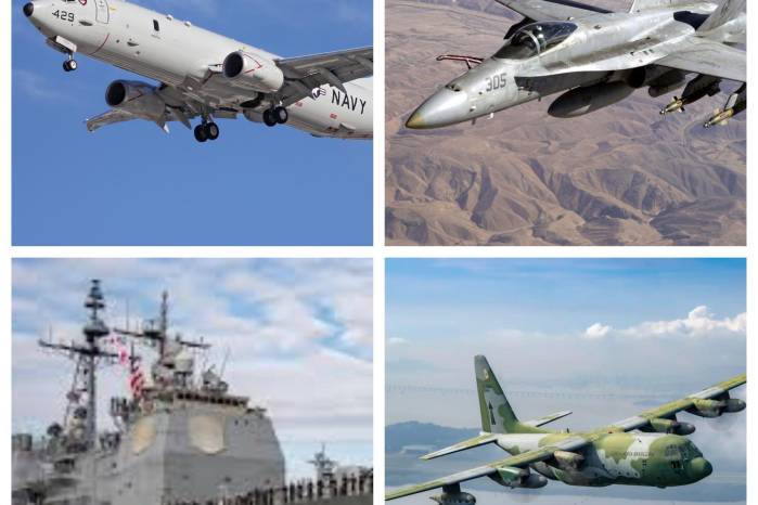 Aviones militares de Estados Unidos. P-8 Poseidón (izq arriba), F-18 (Der arriba), USS Chosin (Izq abajo) y C-130 Hércules (Der abajo). Aviones militares de Estados Unidos. P-8 Poseidón (izq arriba), F-18 (Der arriba), USS Chosin (Izq abajo) y C-130 Hércules (Der abajo).