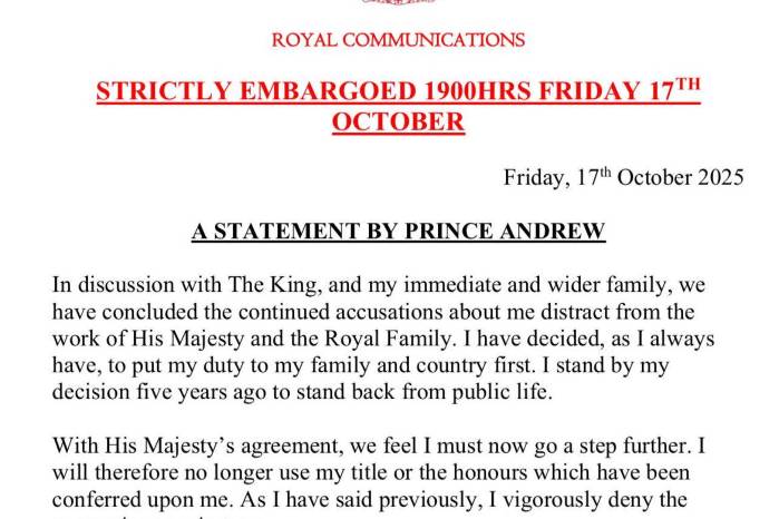 Comunicado del príncipe Andrés emitido por Departamento de Comunicaciones de la Familia Real británica. Comunicado del príncipe Andrés emitido por Departamento de Comunicaciones de la Familia Real británica.