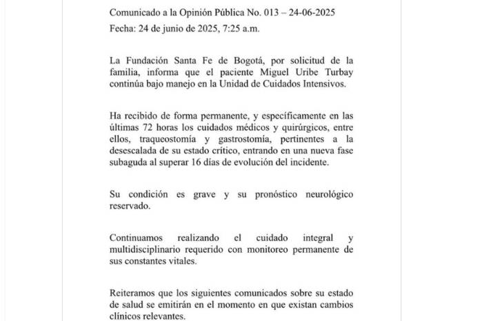 Imagen tomada de la red social X, de la cuenta oficial de la Fundación Santa Fe de Bogotá (@FSFB_Salud), que muestra el comunicado oficial sobre el estado de salud del senador y precandidato presidencial colombiano Miguel Uribe Turbay. Imagen tomada de la red social X, de la cuenta oficial de la Fundación Santa Fe de Bogotá (@FSFB_Salud), que muestra el comunicado oficial sobre el estado de salud del senador y precandidato presidencial colombiano Miguel Uribe Turbay.
