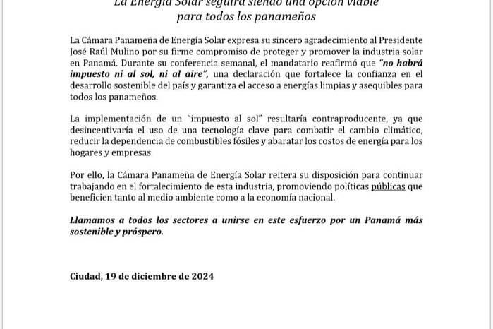 Comunicado de prensa de la Cámara Panameña de Energía Solar. Comunicado de prensa de la Cámara Panameña de Energía Solar.