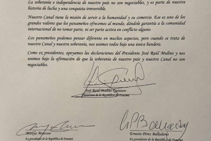 El documento, firmado por Mulino, Moscoso, Torrijos y Pérez Balladares, recibió el respaldo posterior de Cortizo. El documento, firmado por Mulino, Moscoso, Torrijos y Pérez Balladares, recibió el respaldo posterior de Cortizo.