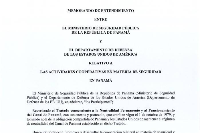 Primera página del Memorándum de entendimiento entre Panamá y Estados Unidos. Primera página del Memorándum de entendimiento entre Panamá y Estados Unidos.