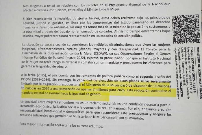 Carta presentada por organizaciones feministas al MEF y la Asamblea Nacional. Carta presentada por organizaciones feministas al MEF y la Asamblea Nacional.