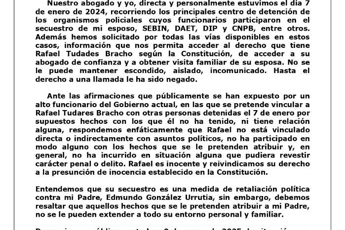 Comunicado de Mariana González de Tudares, hija del líder opositor venezolano. Comunicado de Mariana González de Tudares, hija del líder opositor venezolano.