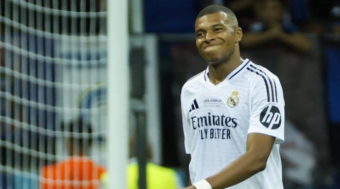 El delantero francés del Real Madrid Kylian Mbappé durante la Supercopa de Europa. El delantero francés del Real Madrid Kylian Mbappé durante la Supercopa de Europa.