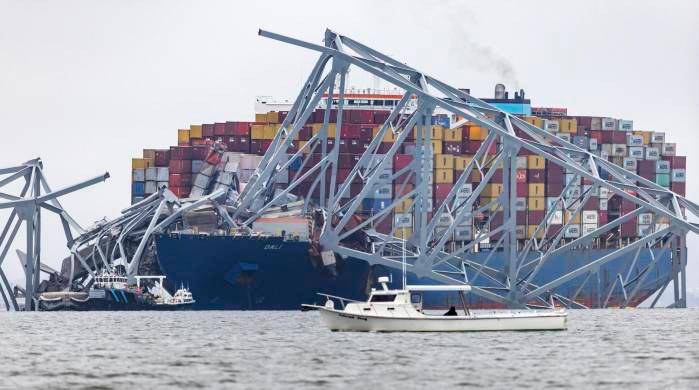 Restos del puente Francis Scott Key, encima del carguero Dali en Baltimore, Maryland, el 27 de marzo de 2024. Restos del puente Francis Scott Key, encima del carguero Dali en Baltimore, Maryland, el 27 de marzo de 2024.