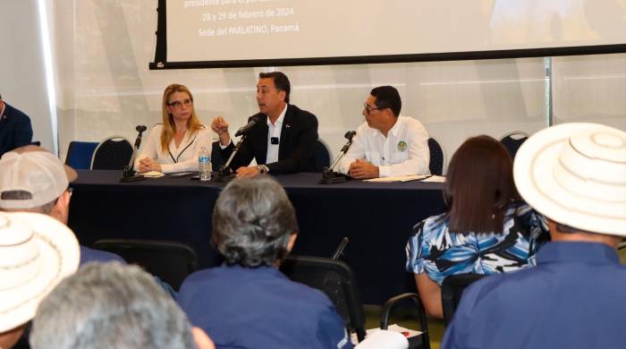 El candidato por la libre postulación Melitón Arrocha (c) junto a Ovidio Saavedra, presidente de la Anagan (d), durante la entrega de la propuesta del sector ganadero en el Parlatino. El candidato por la libre postulación Melitón Arrocha (c) junto a Ovidio Saavedra, presidente de la Anagan (d), durante la entrega de la propuesta del sector ganadero en el Parlatino.
