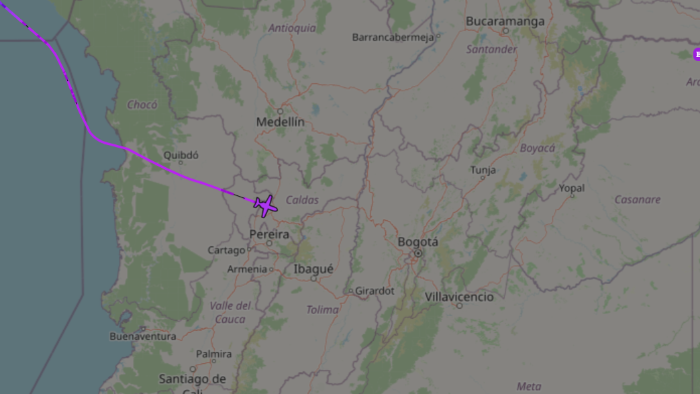 Avión de Martinelli al momento de viajar a Colombia, según rastreo satelital. Avión de Martinelli al momento de viajar a Colombia, según rastreo satelital.