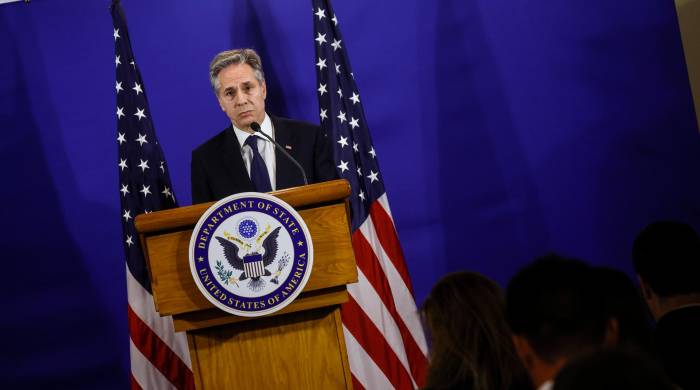 El secretario de estado de EE.UU., Antony Blinken, durante una rueda de prensa este jueves en un hotel de la zona sur de Río de Janeiro, Brasil. El secretario de estado de EE.UU., Antony Blinken, durante una rueda de prensa este jueves en un hotel de la zona sur de Río de Janeiro, Brasil.