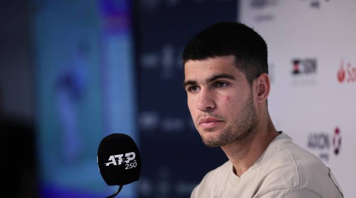 Imagen de archivo del tenista español Carlos Alcaraz en rueda de prensa. Imagen de archivo del tenista español Carlos Alcaraz en rueda de prensa.