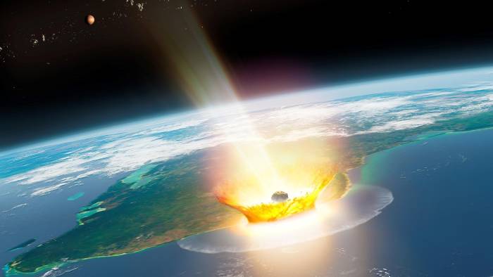 Impresión artística del impacto de un gran asteroide en la Tierra, como el de Chicxulub, que provocó la extinción masiva del Cretácico, hace 66 millones de años. Impresión artística del impacto de un gran asteroide en la Tierra, como el de Chicxulub, que provocó la extinción masiva del Cretácico, hace 66 millones de años.