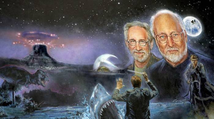 Un mural con retratos del compositor John Williams y el director de cine Steven Spielberg y referencias a las películas en las que han trabajado juntos, entre esas 'Tiburón'. Un mural con retratos del compositor John Williams y el director de cine Steven Spielberg y referencias a las películas en las que han trabajado juntos, entre esas 'Tiburón'.