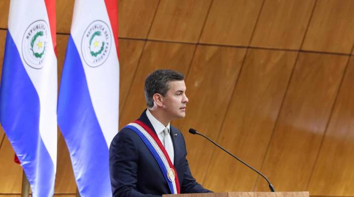 Fotografía cedida por la Presidencia de Paraguay, del presidente Santiago Peña hablando durante la presentación de su primer informe de gestión ante el Congreso, el 1 de julio, en Asunción, Paraguay. Fotografía cedida por la Presidencia de Paraguay, del presidente Santiago Peña hablando durante la presentación de su primer informe de gestión ante el Congreso, el 1 de julio, en Asunción, Paraguay.