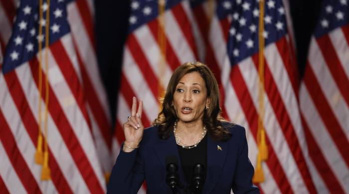 La vicepresidenta estadounidense Kamala Harris habla durante un evento de campaña en West Allis, Wisconsin, Estados Unidos, Estados Unidos, 23 de julio de 2024. La vicepresidenta estadounidense Kamala Harris habla durante un evento de campaña en West Allis, Wisconsin, Estados Unidos, Estados Unidos, 23 de julio de 2024.