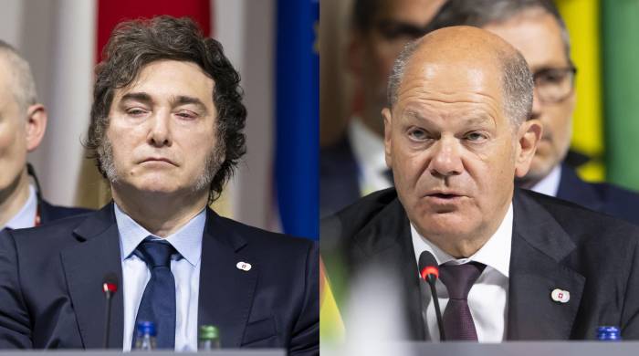Combo de fotografías de archivo del presidente de Argentina, Javier Milei (i), y el canciller de Alemania, Olaf Scholz, durante la Cumbre sobre la Paz en Ucrania, en Stansstad, cerca de Lucerna (Suiza). Combo de fotografías de archivo del presidente de Argentina, Javier Milei (i), y el canciller de Alemania, Olaf Scholz, durante la Cumbre sobre la Paz en Ucrania, en Stansstad, cerca de Lucerna (Suiza).